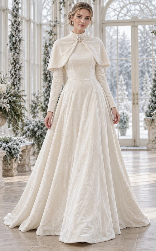 Vestido de novia de corte A con capa de terciopelo, cuello alto y mangas largas, estilo modesto, ideal para invierno.