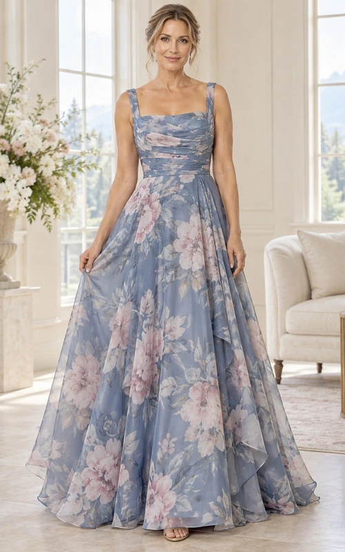 Vestido de noche formal de organza azul pizarra con estampado floral, escote cuadrado y sin mangas, corte en A.