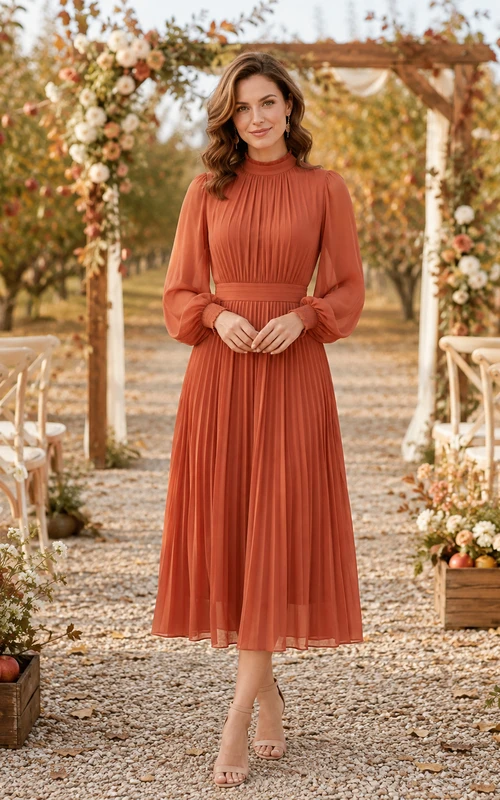 Terracotta Long Sleeve Pleated Chiffon Midi Wedding Guest Dress