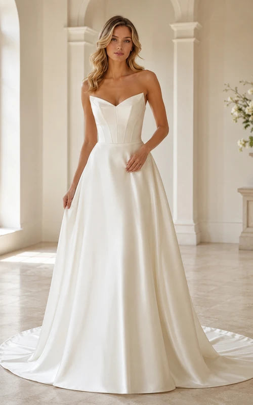 Vestido de novia de satén, corte A, sin tirantes, largo hasta el suelo, con escote en V en la espalda.