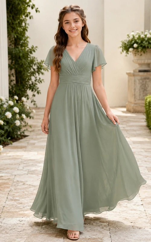 Celadonfarbenes Brautjungfernkleid für junge Mädchen, A-Linie, V-Ausschnitt, kurze Blütenblattärmel, Chiffon, schlicht