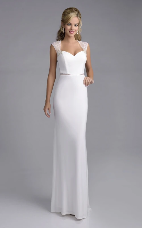 Schlichtes, säulenförmiges Brautkleid aus Satin-Chiffon mit Spitzenverzierungen und Perlen