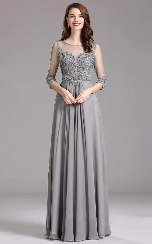 Empire-Kleid in Bodenlänge, Bateau 3, Empire-Chiffonkleid mit Perlenstickerei und Schlüssellochausschnitt