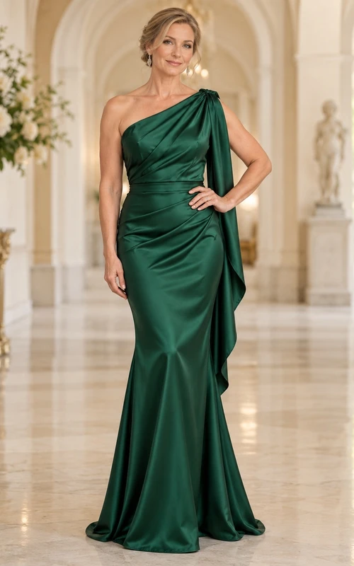 Vestido de noche formal largo hasta el suelo, de satén drapeado, color verde esmeralda, con un solo hombro y panel en el hombro.