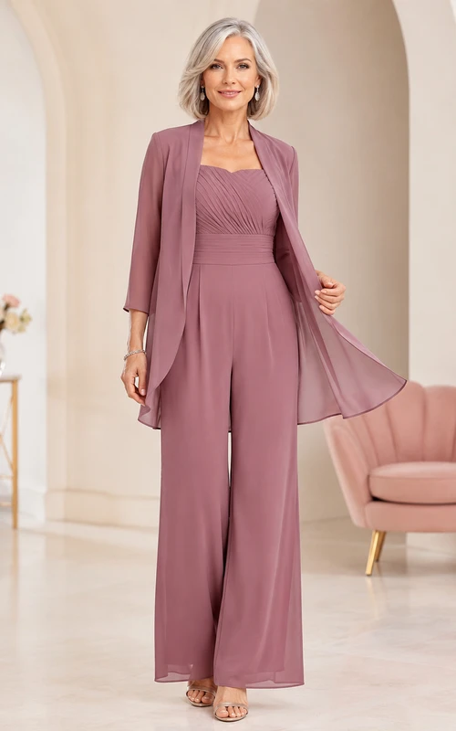 Mother Dusty Rose Chiffon Jumpsuit with Jewel Neck Pleated Bodice and Flowing Jacket