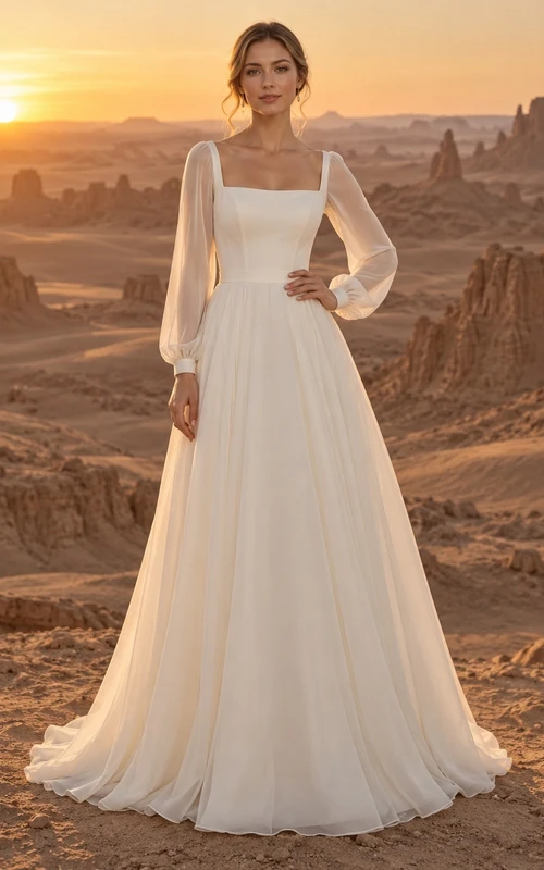 Vestido de novia sencillo de gasa con escote cuadrado y mangas largas, corte en A