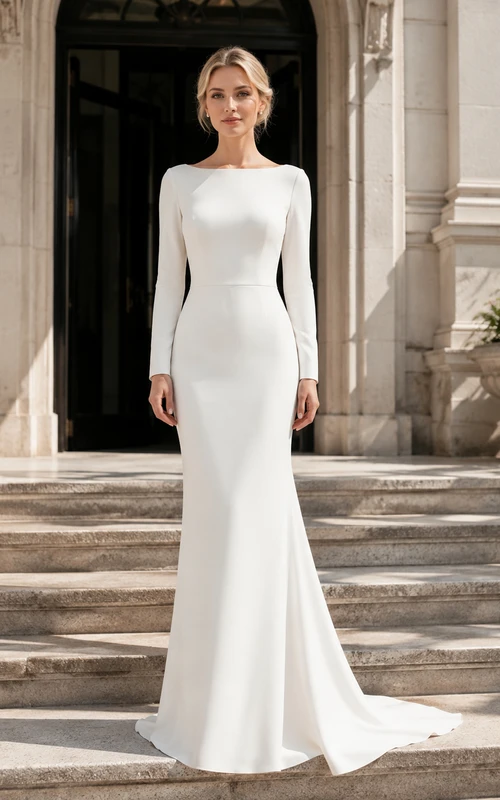 Vestido de novia de crepé de manga larga con escote barco y cola larga