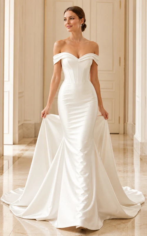 Robe de mariée sirène en satin sculpté à épaules dénudées et manches courtes avec traîne chapelle