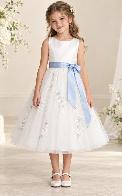 Vestido de niña de flores blanco, modesto, de corte A, con estampado floral y sin mangas, con fajín azul.