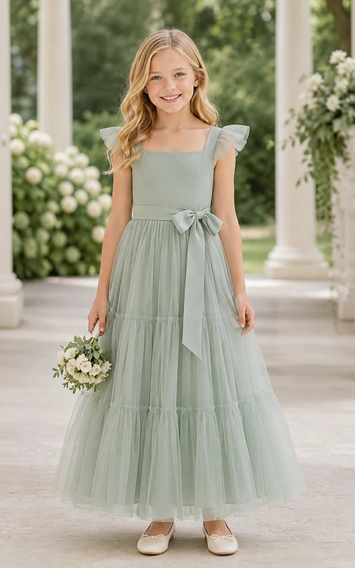 Sage Tiered Tulle A-Line Flower Girl Dress with Short Sleeves, Square Neck, Tea-Length Skirt, Bow Detail and Tiered Skirt