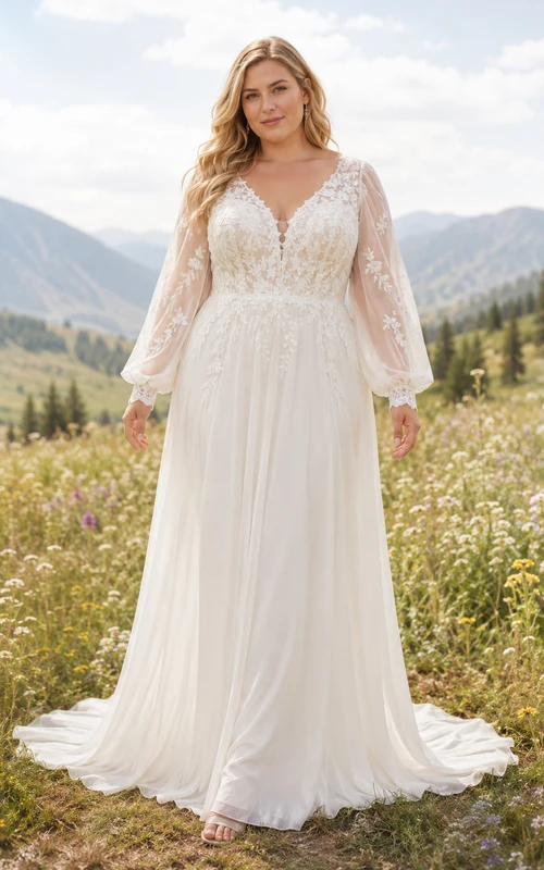 Robe de mariée grande taille ivoire en mousseline de soie, col V, manches longues, coupe trapèze, col V