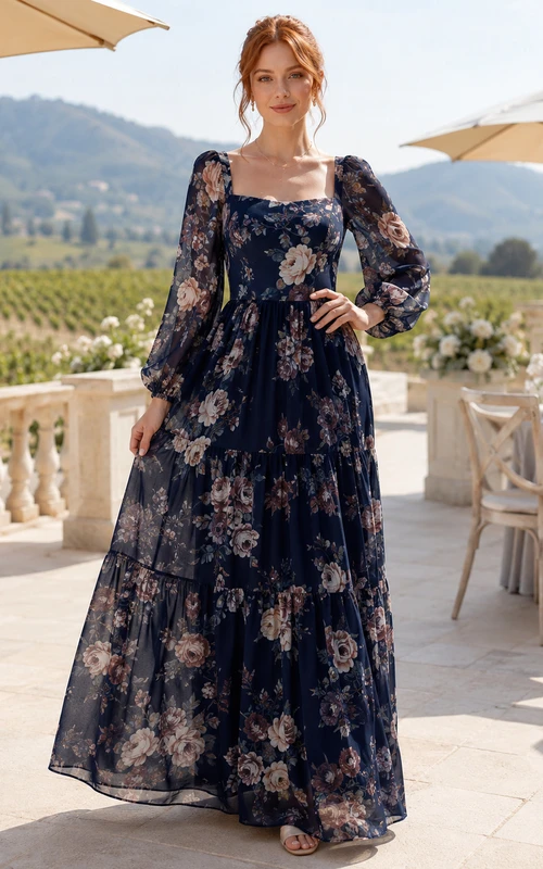 Dark Navy Outdoor Vineyard Wedding Guest Bridesmaid Evening Formal Dress A-Line Floor-Length Square Neck Long Sleeve Chiffon Floral Print Ruffle Trim Zipper Back