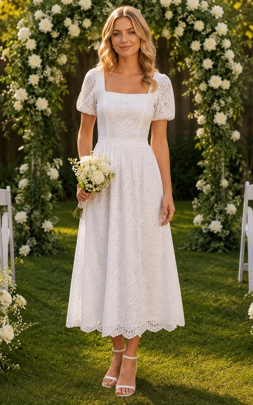Vestido de novia de algodón con cuello cuadrado, mangas abullonadas y detalles de ojales, estilo Backyard.