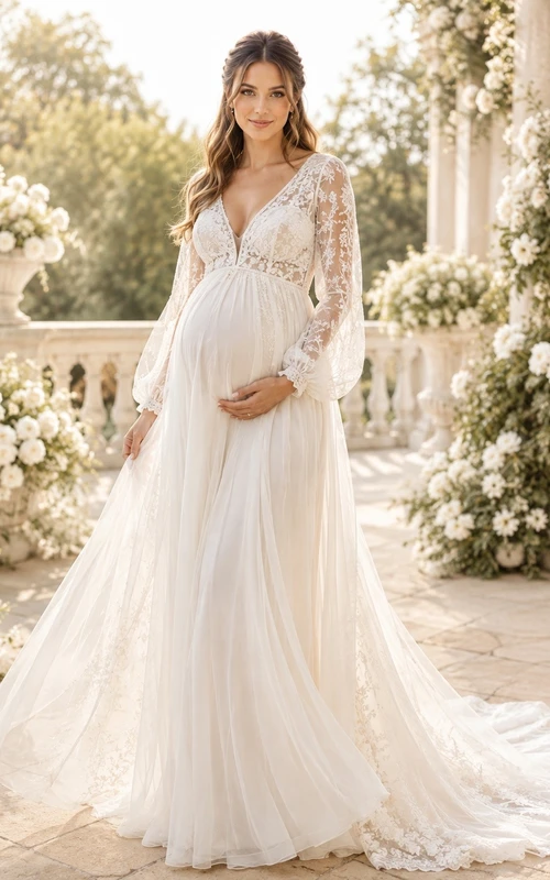 Vestido de novia premamá modesto de manga larga con encaje y escote en V