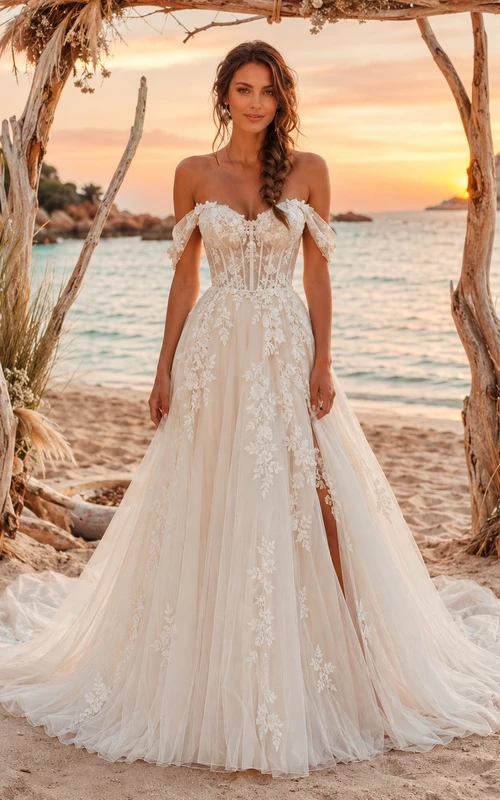 Robe de mariée romantique en dentelle et tulle, épaules dénudées, coupe trapèze, fente sur le devant, style A, pour un mariage à destination