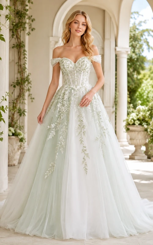 Celadonfarbenes, botanisches Brautkleid, schulterfrei, ärmellos, mit Kapellenschleppe, romantisch-elegant
