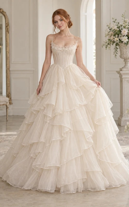 Spaghetti-Träger-Ballkleid aus Organza mit Stufen