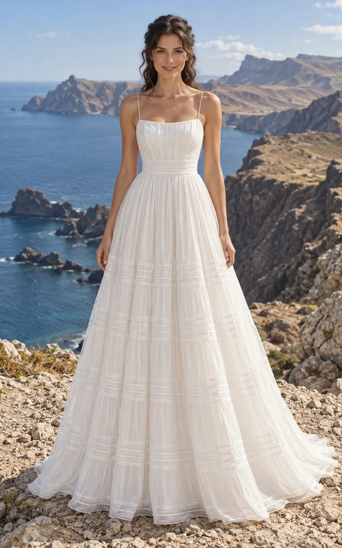 Vestido de novia sencillo de corte A con escote cuadrado, sin mangas, de voile de algodón y encaje, con cola.