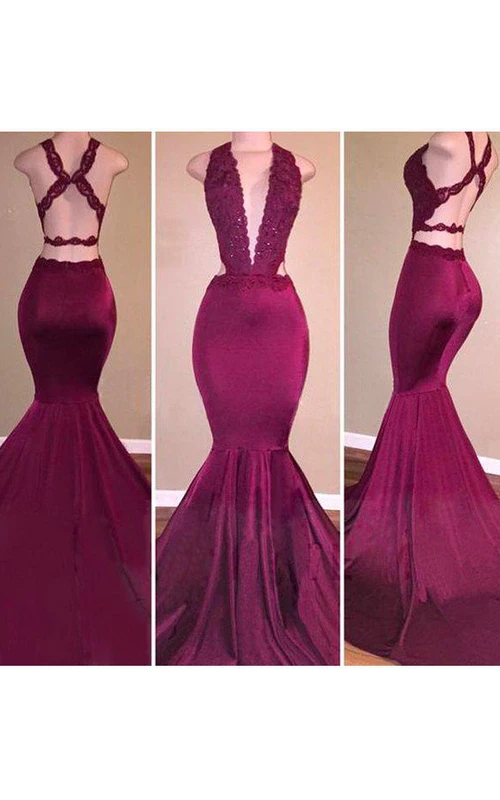Meerjungfrauen-Trompetenkleid aus Satin und Spitze, ärmellos, Neckholder, offener Rücken, Träger