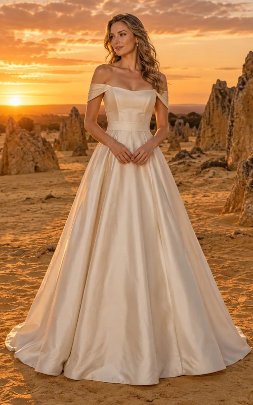 Schlichtes schulterfreies Brautkleid aus Satin in A-Linie, bodenlang