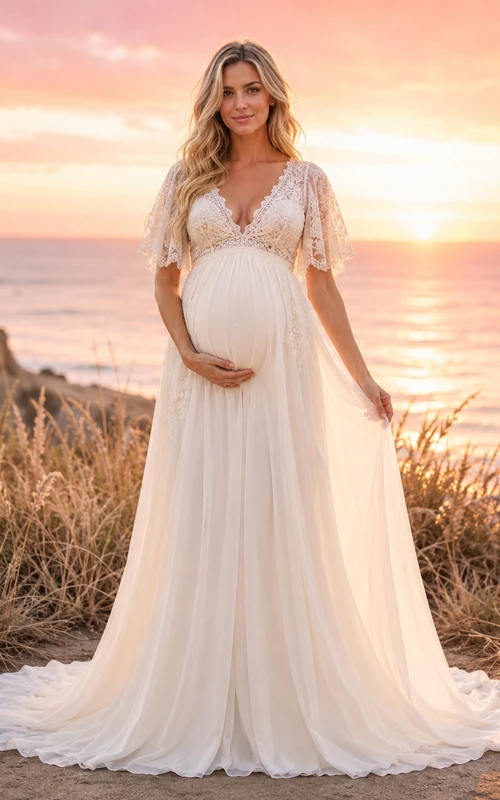 Maternity Wedding Dress V-Neck Flutter Lace Sleeve Sunset Beach Bridal Gown
