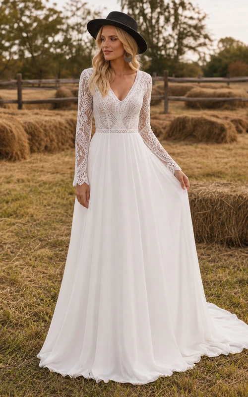 Courtry V-neck Long Sleeve Chiffon Simple Boho Wedding Dress with Lace Top