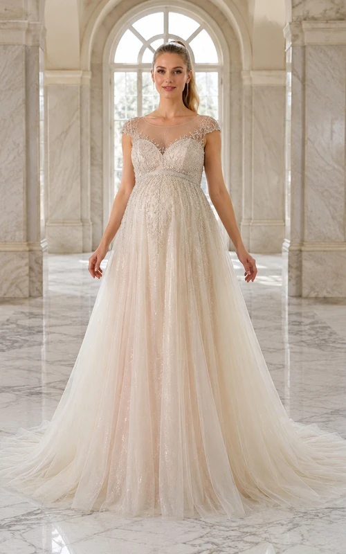 Vestido de novia/maternidad sencillo sin mangas de tul con tirantes y corte imperio con cola larga