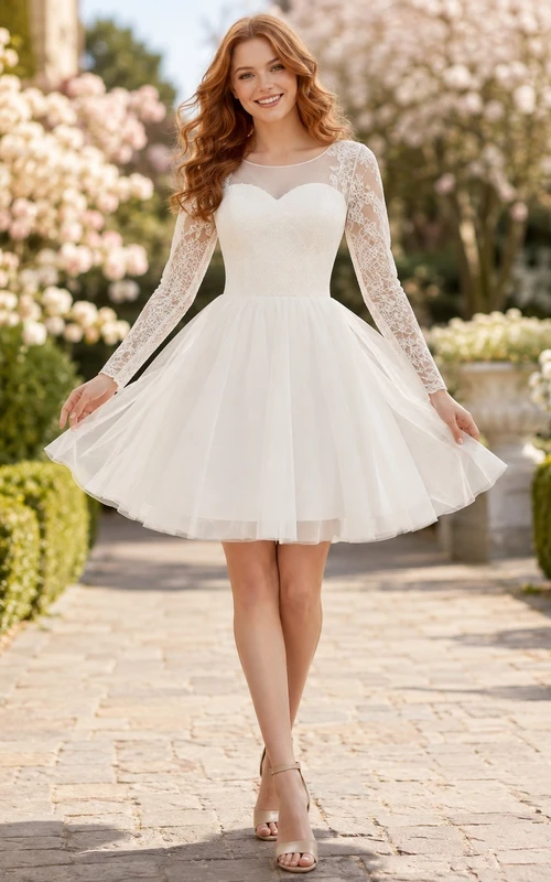 Weißes, romantisches, formelles Chiffonkleid mit herzförmigem Herzausschnitt, langen Ärmeln und weitem Rock in A-Linie für draußen
