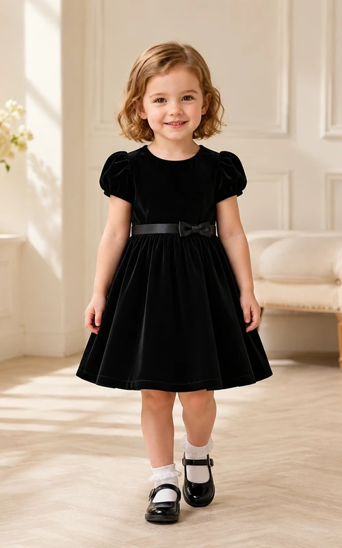 Black Jewel-Neck Puff-Sleeve Satin A-Line Mini Bow Adorable Flowergirl Dress