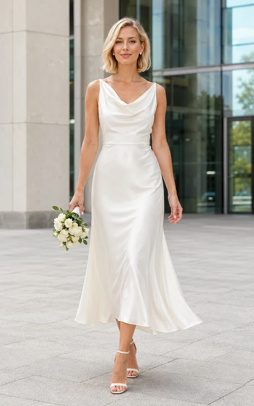 Elfenbeinfarbenes Cocktailkleid aus Satin mit Wasserfallausschnitt und Teelänge