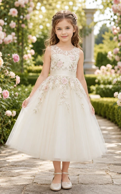 Vestido de niña de flores de corte A para jardín de primavera con mangas cortas, corpiño de encaje floral, tul hasta la rodilla, cintura natural, estilo jardín de primavera