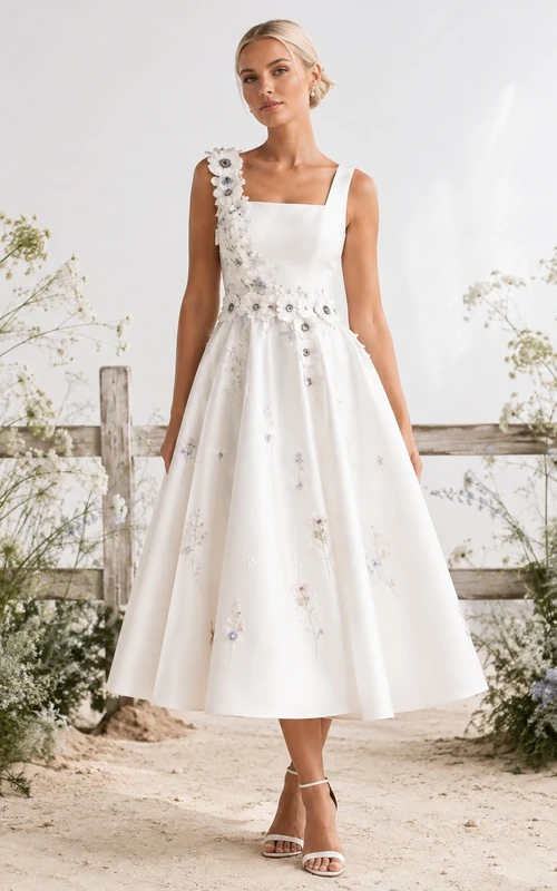 Simple White Wildflower Print Square Neck Sleeveless Satin A-Line Tea-length Dress