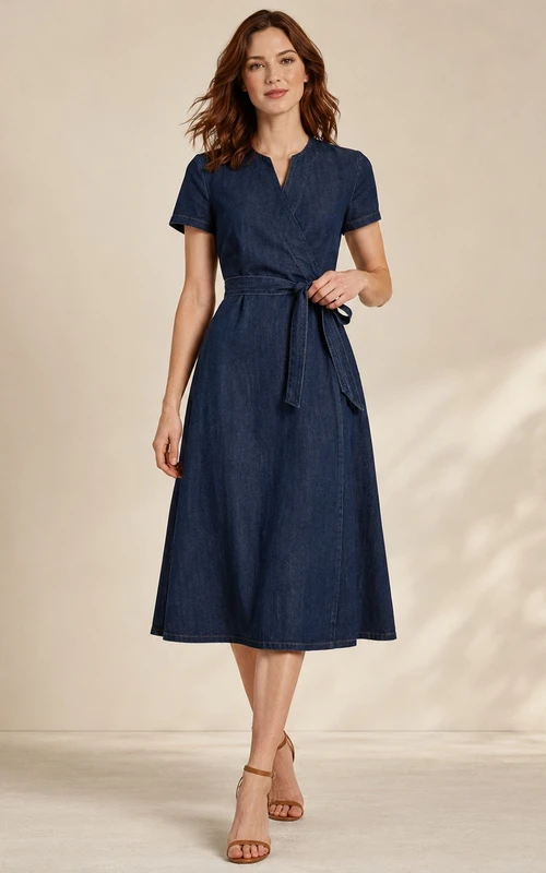 Vestido formal informal azul marino con cuello en V, manga corta, corte en A y largo hasta la rodilla.