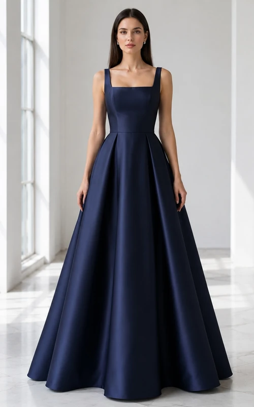 Dark Navy Satin Square Neck Straps Sleeveless Ball Gown