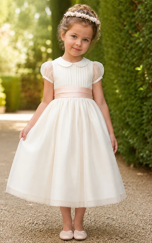 Classic Peter Pan Collar Tulle Satin A-Line Flower Girl Dress with Short Sleeves, Jewel Neck, Tea-Length Skirt and Bow Detail
