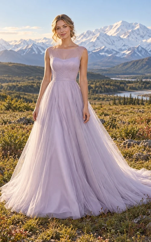 Vestido de novia sencillo de tul lavanda, corte A, escote barco, sin mangas, fruncido y cola.