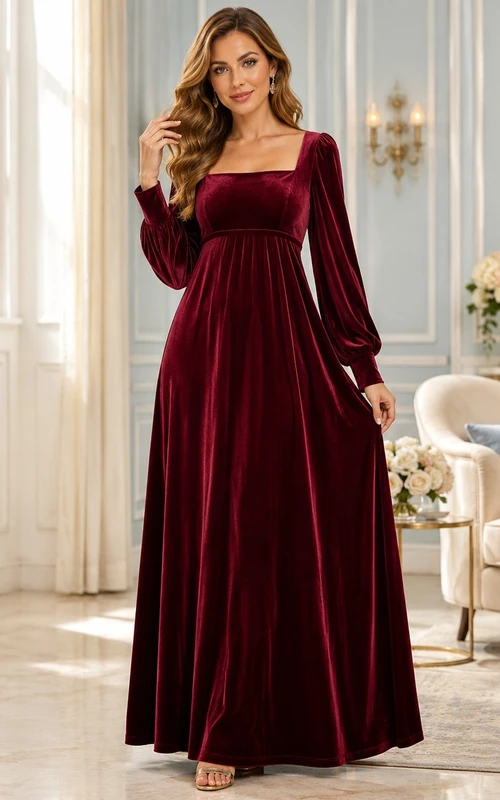 Burgundy Velvet Off-the-shoulder Long Sleeve A-Line Evening Gown