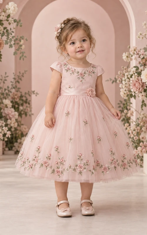 Teelanges, zartrosa geblümtes Sommerkleid in A-Linie aus Tüll mit kurzen Ärmeln und Rosetten-Taille für Blumenmädchen