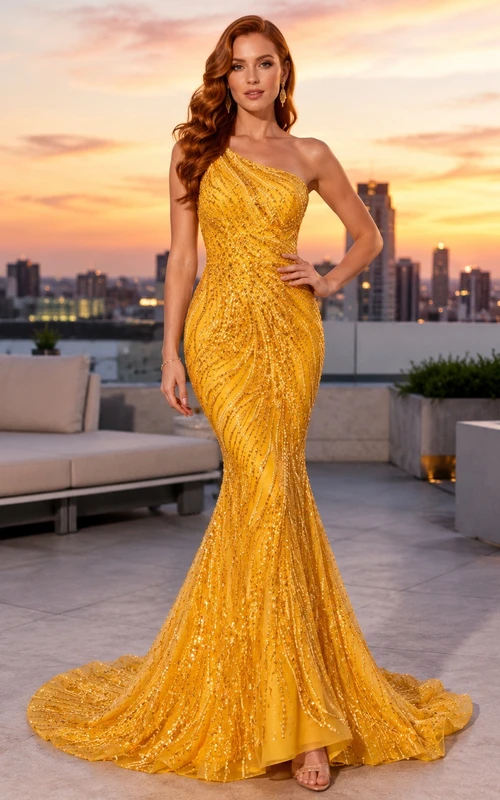 Gold Sequin One Shoulder Mermaid Draped Floor Length Evening Prom Gown