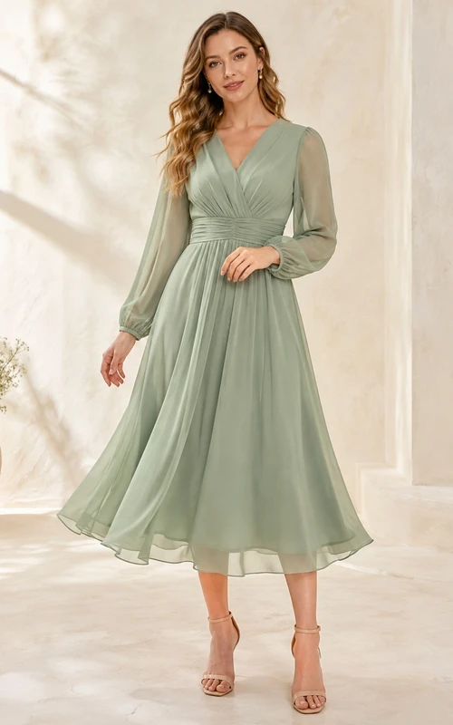 Sage Chiffon V-neck Long Sleeve A-Line Tea-length Romantic Elegant Country Garden Bridesmaid Dress