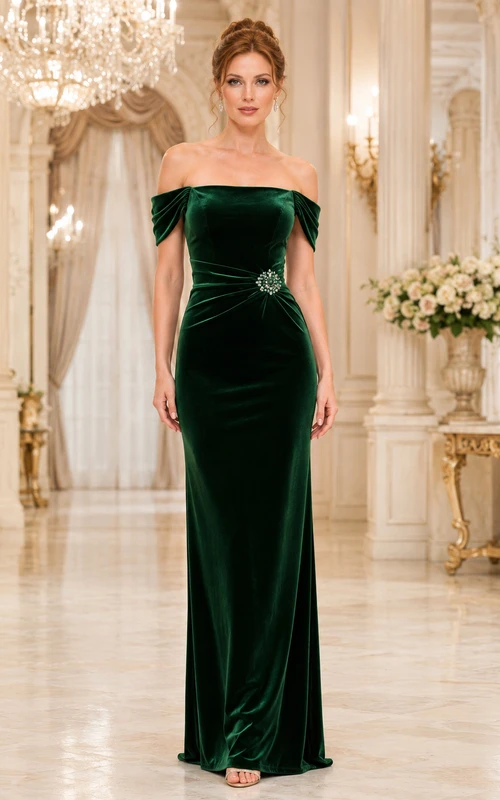 Emerald Velvet Off-the-Shoulder Sheath Evening Dress