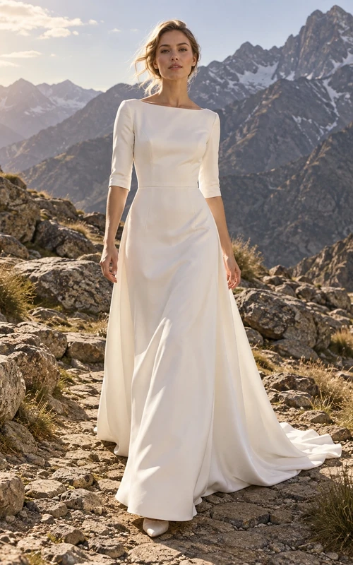 Vestido de novia sencillo de satén con escote barco, mangas cortas, cintura lisa y cola.