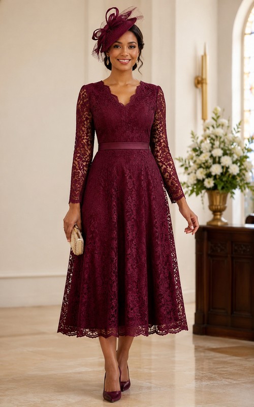 Burgundy Long Sleeve Lace Tea Mother Dress