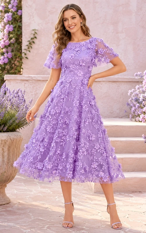 Vestido corto de manga corta con cuello joya y encaje floral lila, largo hasta la rodilla