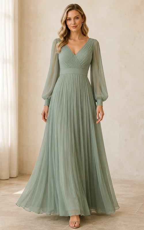 Salbeigrünes, bodenlanges Brautjungfernkleid mit V-Ausschnitt, langen Ärmeln, plissiertem Chiffon und A-Linien-Schnitt.