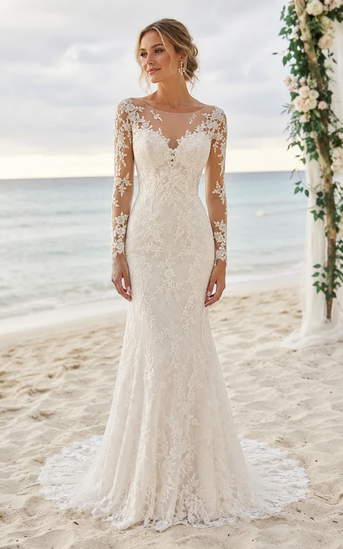 Long Sleeve Lace Mermaid Wedding Dress with Illusion Neckline and Chapel Train