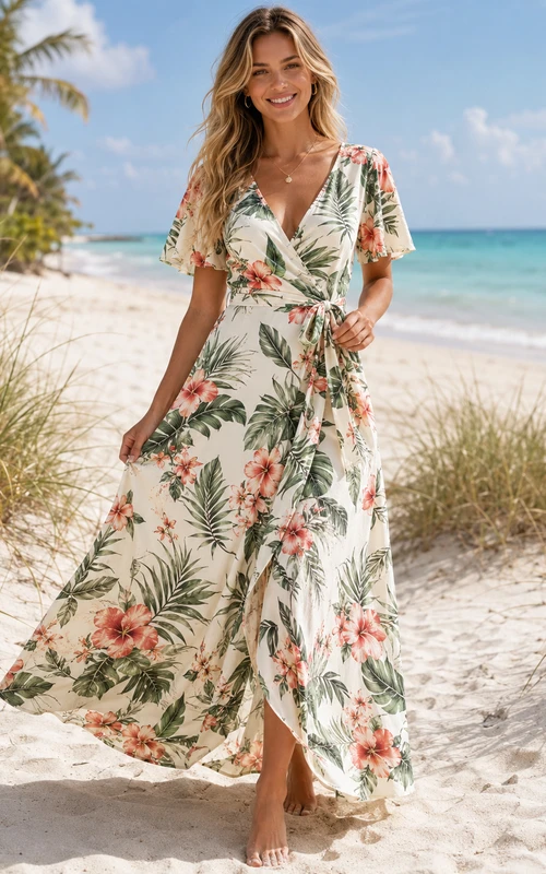 Beach Botanical V Neck Wrap Chiffon Maxi Guest Dress