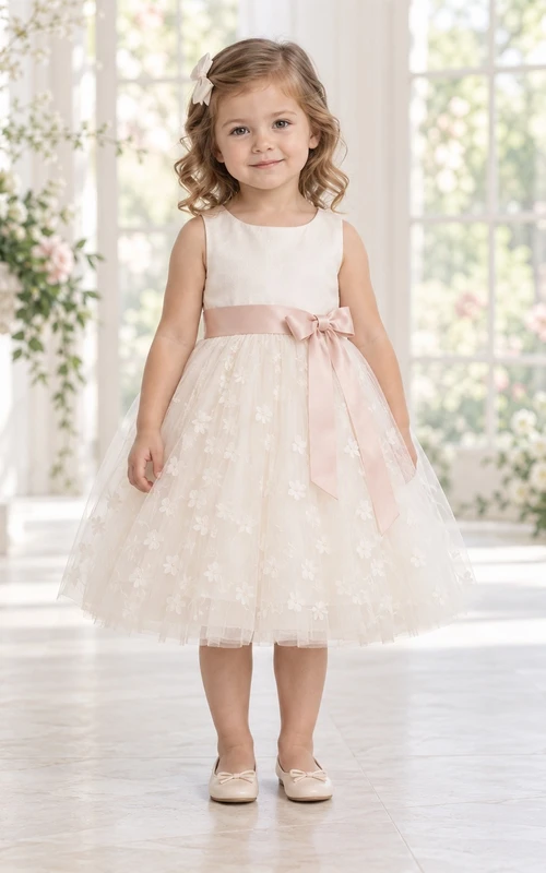 Robe de demoiselle d'honneur rose à fleurs, longueur thé, coupe trapèze, en tulle, sans manches, avec ceinture rose.
