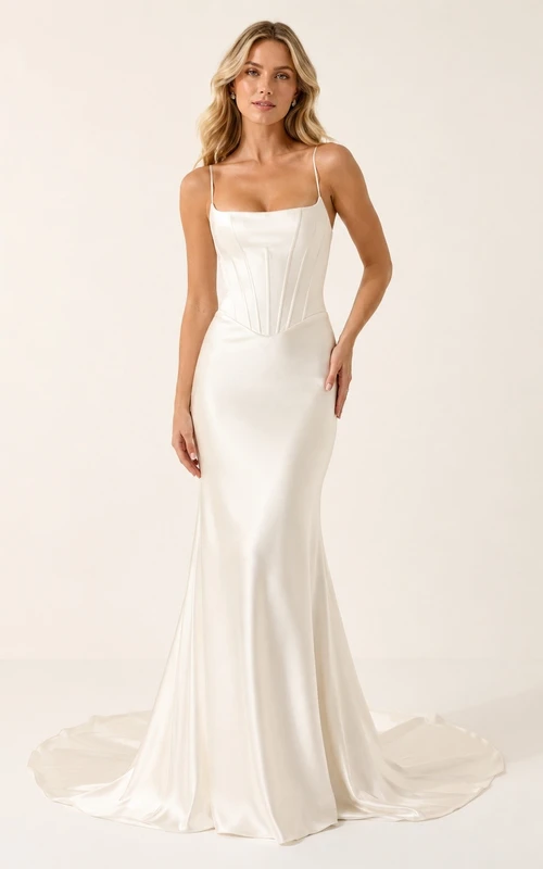 Vestido de novia sencillo de sirena con escote cuadrado y corsé, largo hasta el suelo.