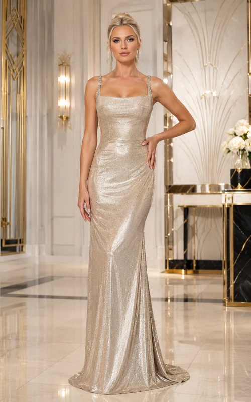Plus Size Champagne Metallic Sequin Sheath Prom Dress with Square Neck Straps